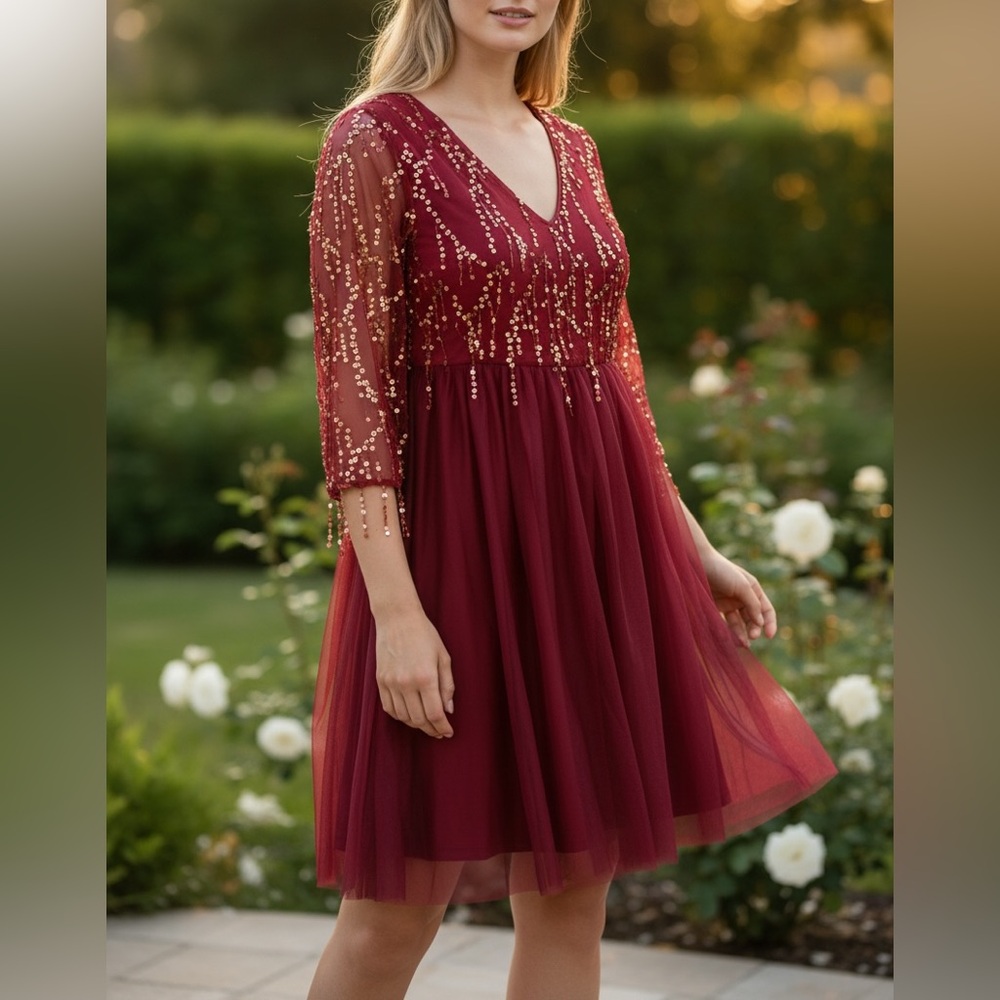 Elegant Burgundy Dress with Sequin Details